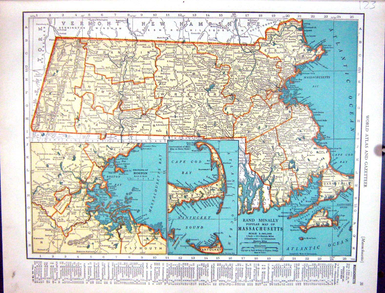 Antique Print Collier Map 1936 Rand Mcnally Massachusettes Michigan America