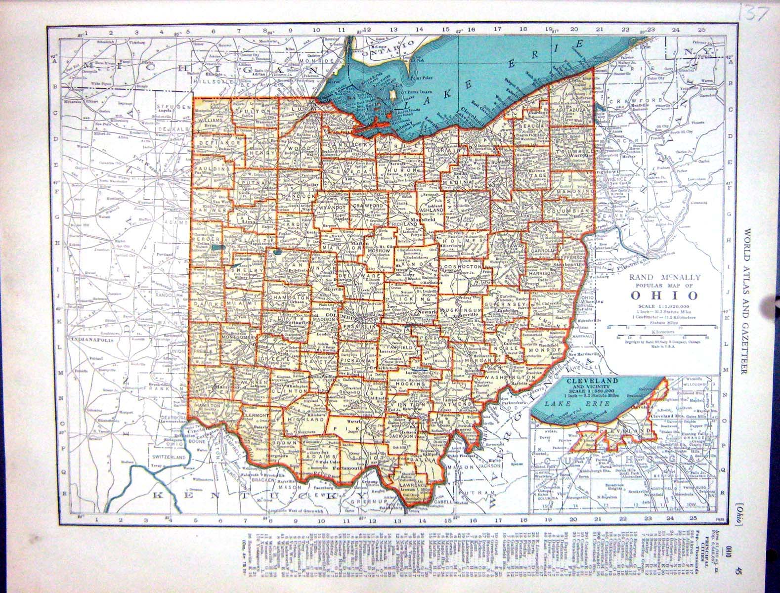 Old Print Collier Map 1936 Rand Mcnally Ohio Cleveland Oklahoma Delaware 20th