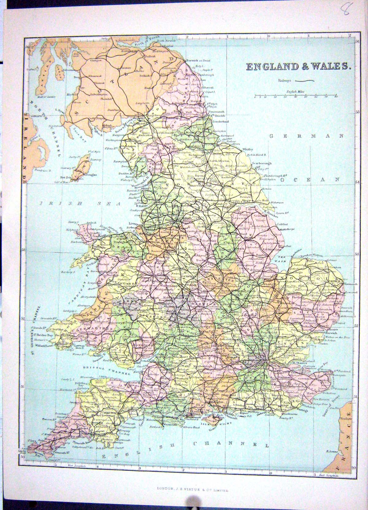 Old Antique Print Keane Map 1886 England Wales Isle Wight English Channel 19th