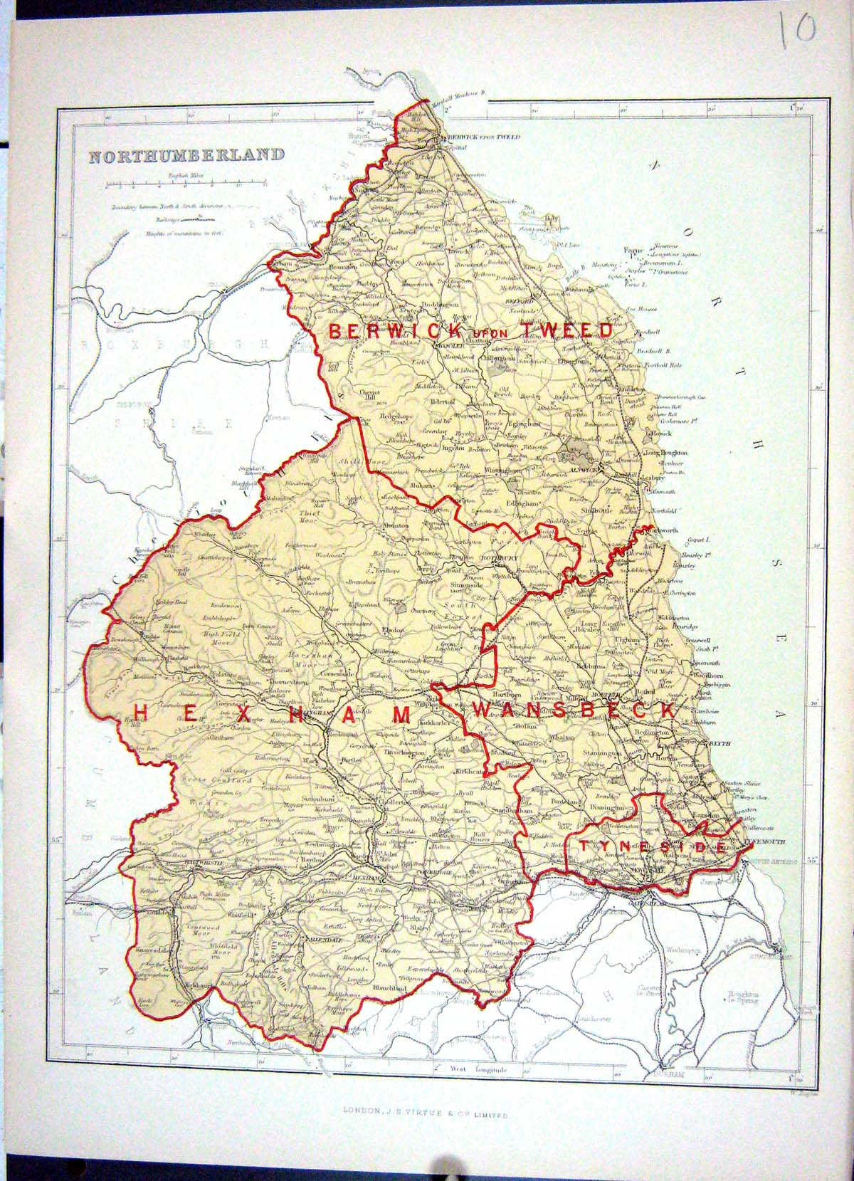 Antique Old Print Keane Map 1886 Northumberland Berwick Tweed Hexham Wansbeck