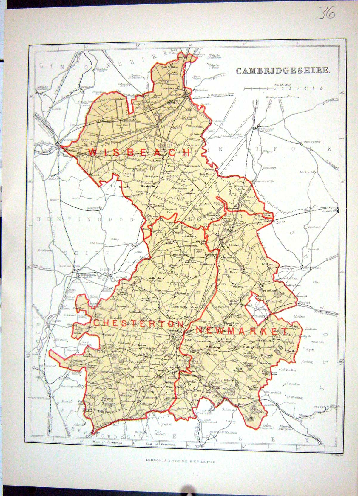 Old Keane Map 1886 Cambridgeshire Wisbeach Chesterton Newmarket Engla Victorian