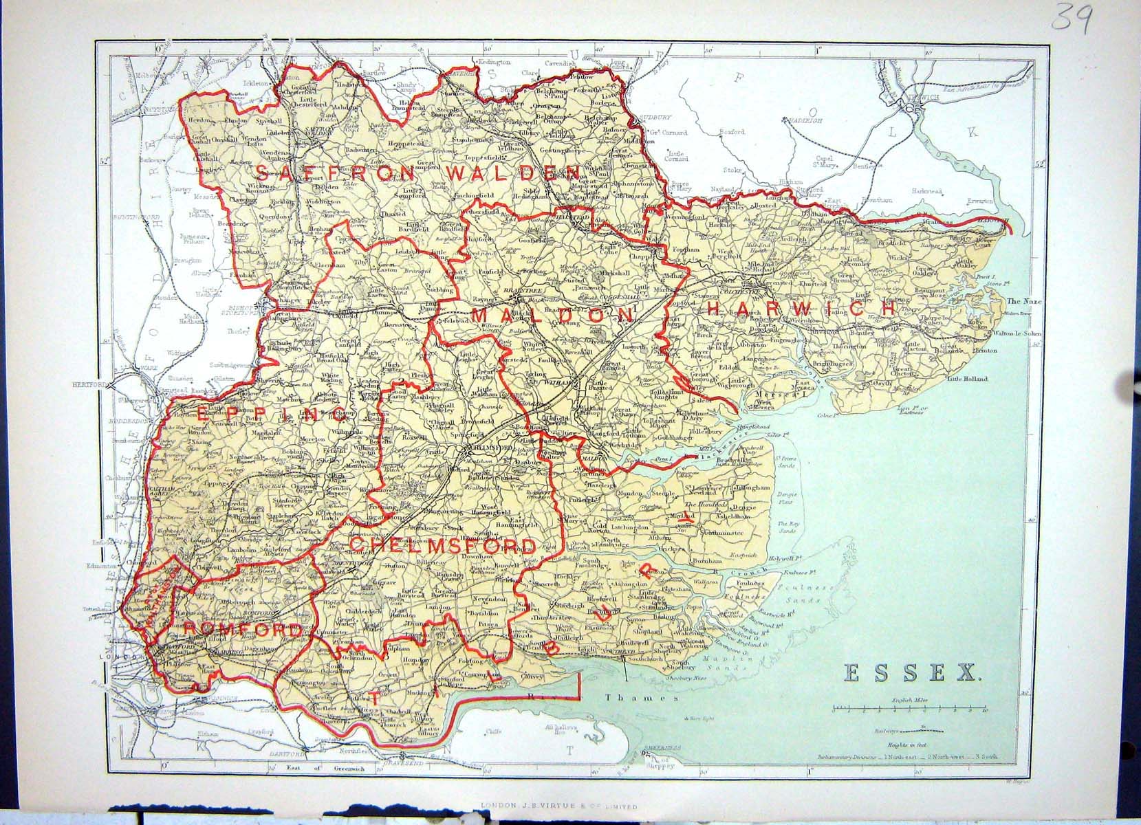 Old Keane Map 1886 Essex England Epping Romford Harwich Maldon Saffro Victorian