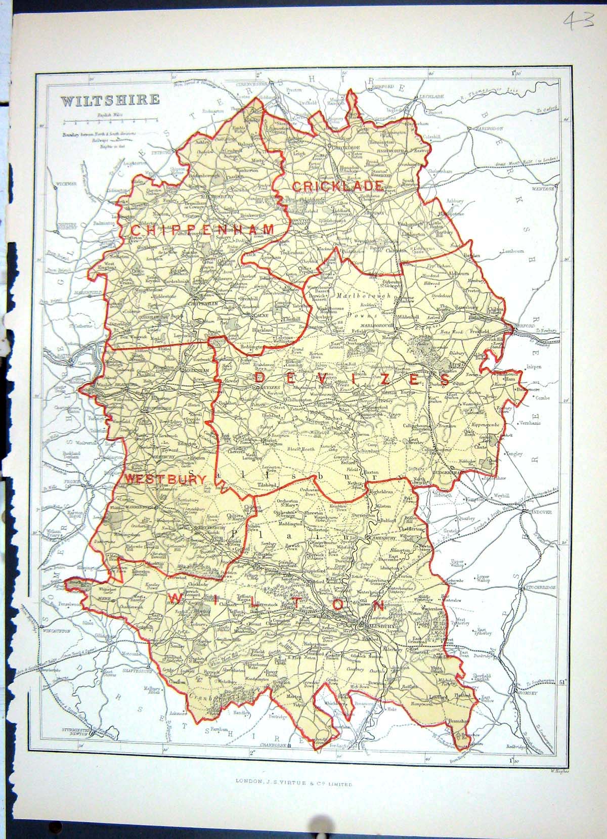 Original Old Antique Print Wiltshire Salisbury Hughes Keane Map England 1886