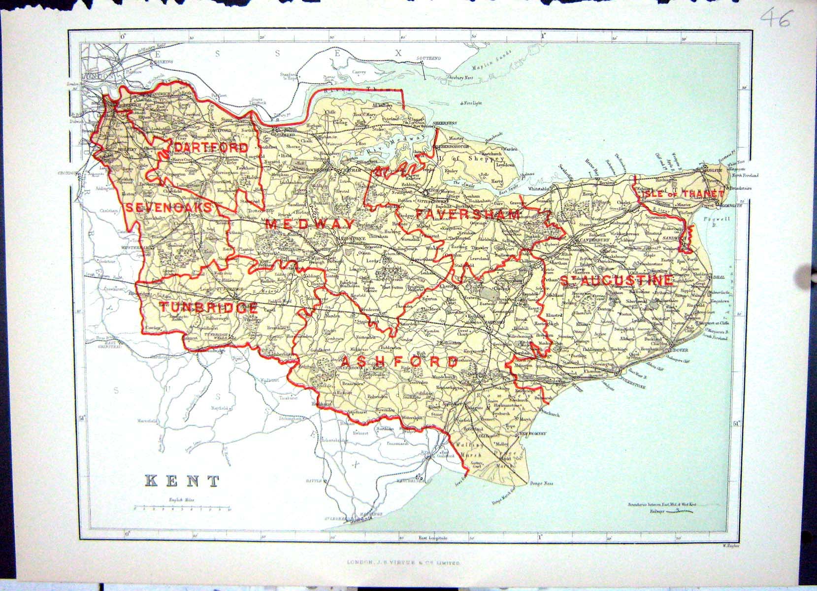 Old Print Hughes Keane Map England 1886 Kent Ashford Dartford Isle Thanet 19th