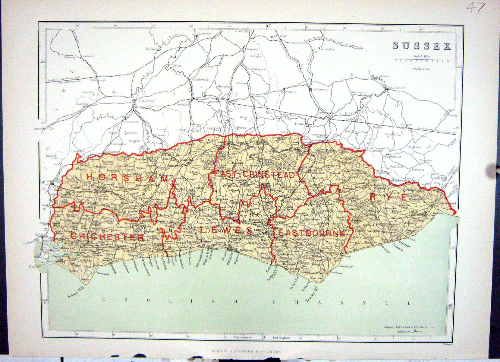 Antique Old Print Sussex Eastbourne Chichester Hughes Keane Map England 1886