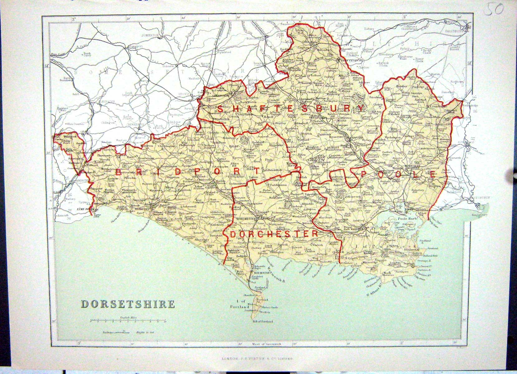 Old Hughes Keane Map England 1886 Dorestshire Dorchester Poole Bridpo Victorian