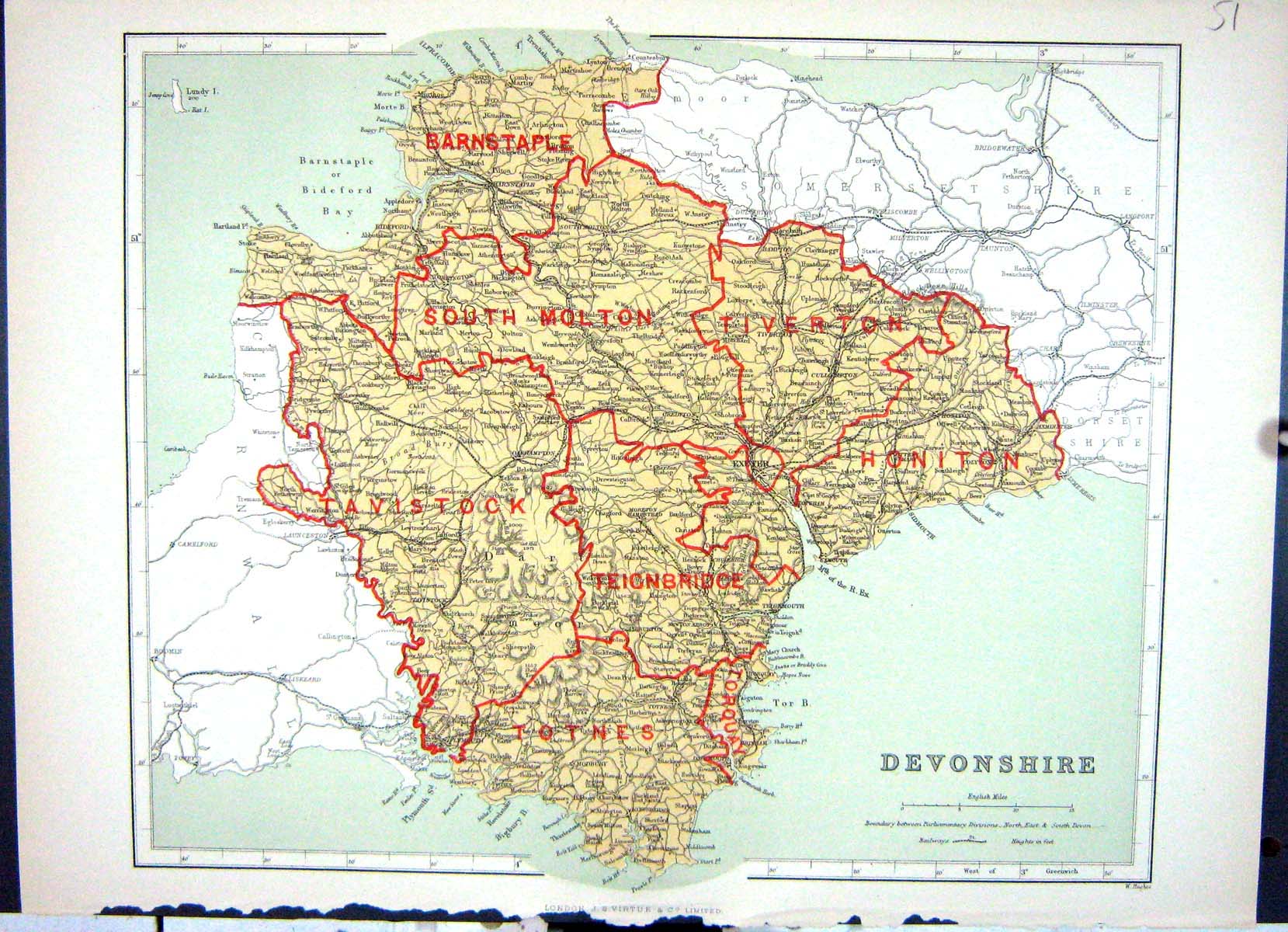 Antique Old Print Hughes Keane Map England 1886 Devonshire Tavistock Tiverton