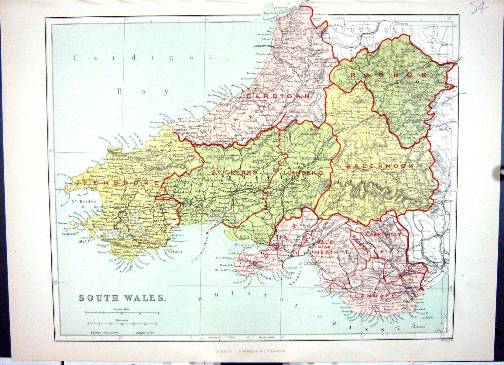 Antique Print Hughes Keane Map South Wales 1886 Pembroke Caerphilly Radnor 19th
