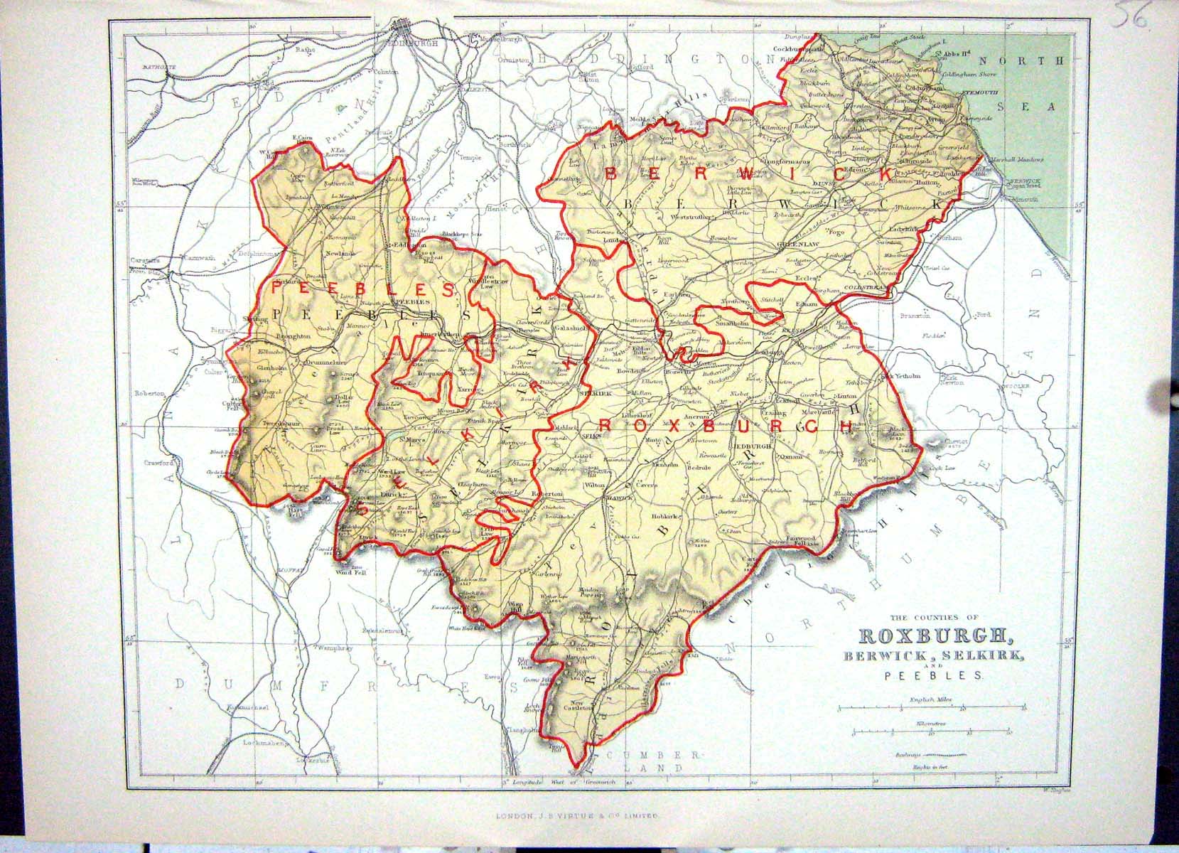 Old Print Roxburgh Berwick Selkirk Peebles Hughes Keane Map England 1886 19th