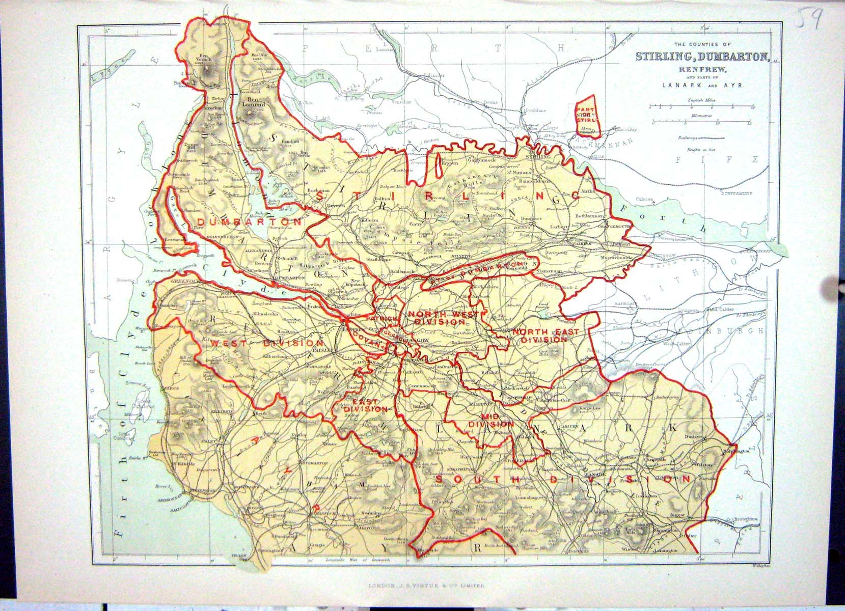 Old Print Hughes Keane Map Scotland 1886 Stirling Dumbarton Renfrew Forth 19th