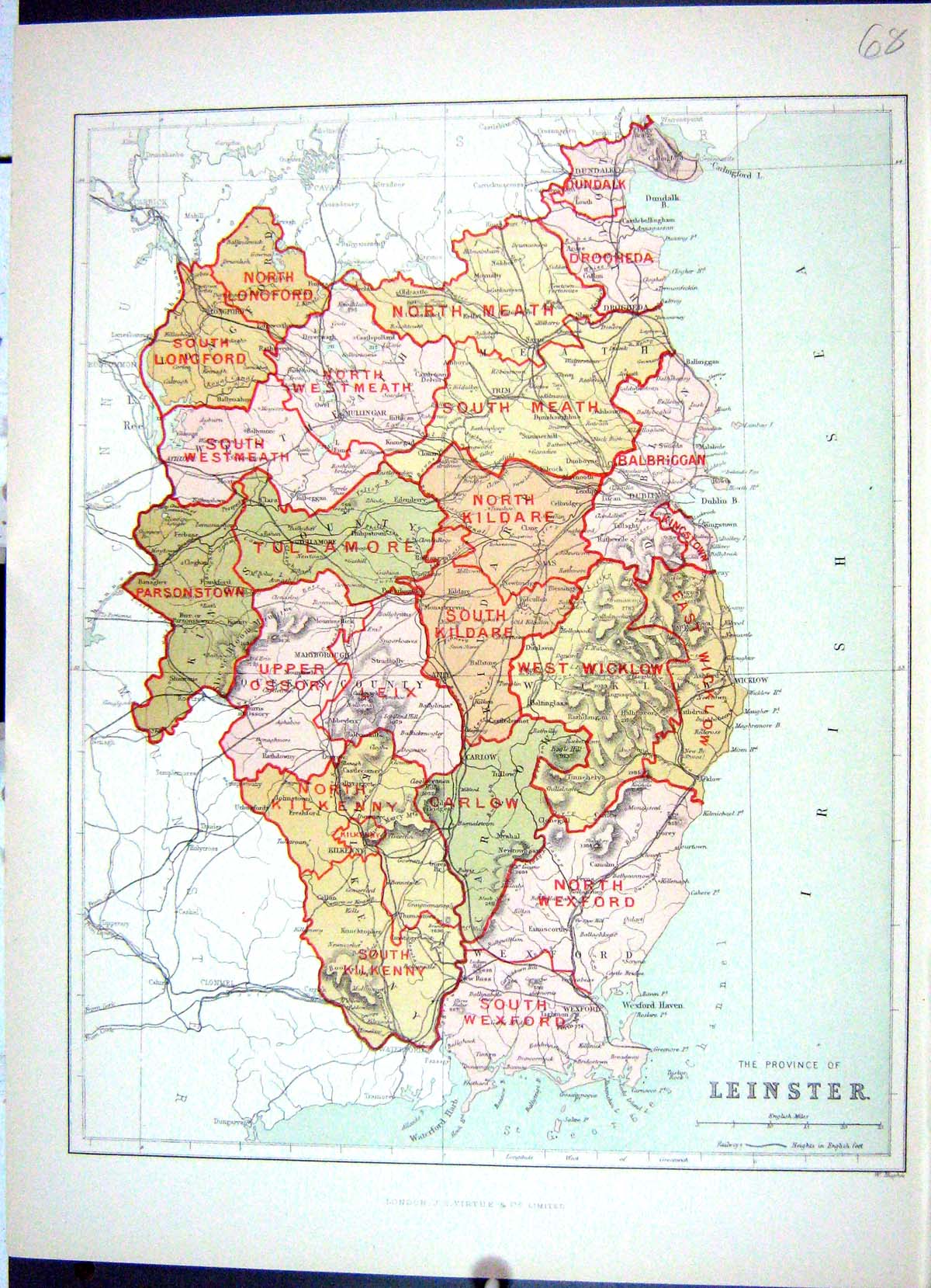 Antique Print Hughes Keane Map Ireland Leinster Meath Kildare Wexford 1886 19th