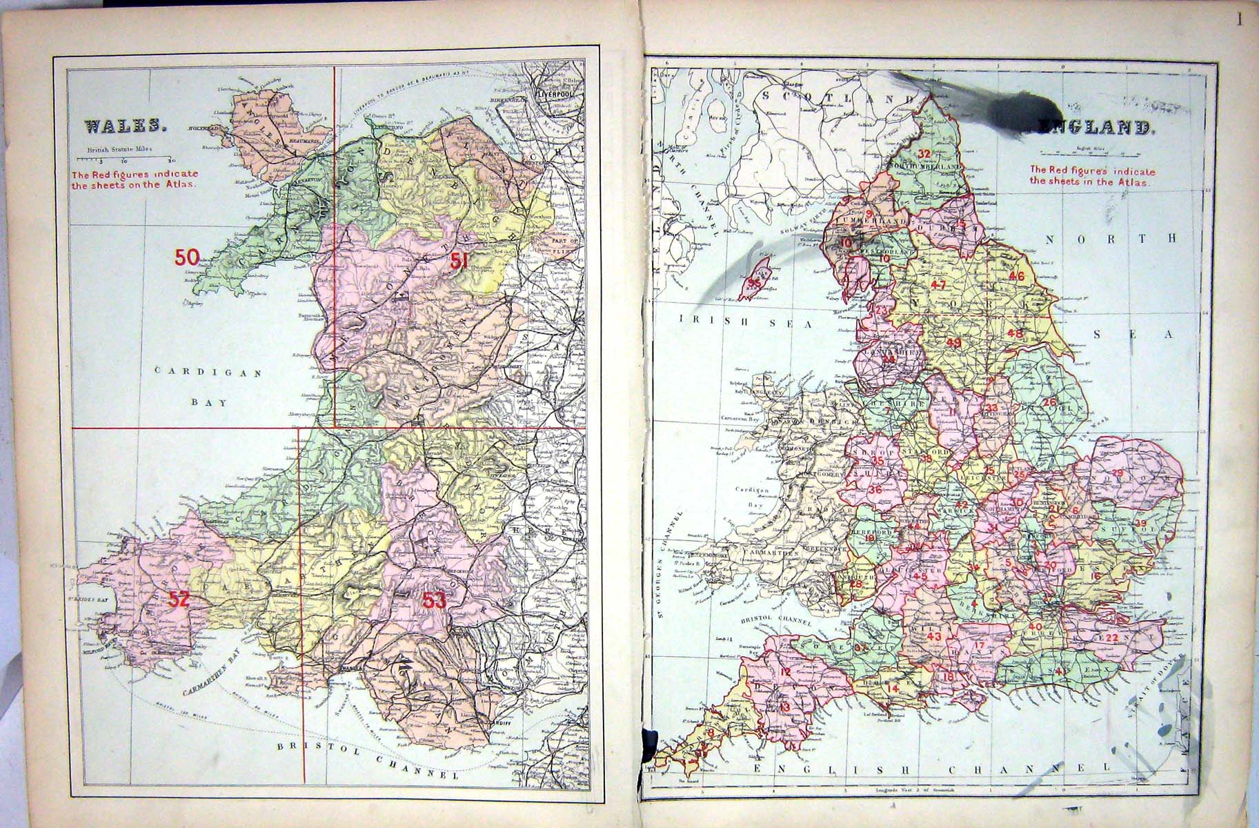 Original Old Antique Print Damaged Bacon Map 1883 England Wales Isle Man 19th