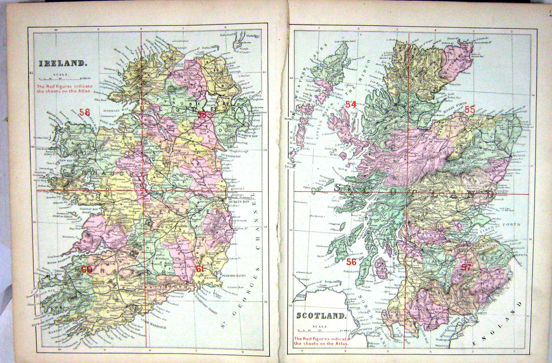 Antique Print Bacon Map 1883 Ireland Scotland Moray Firth Arran Firth Forth