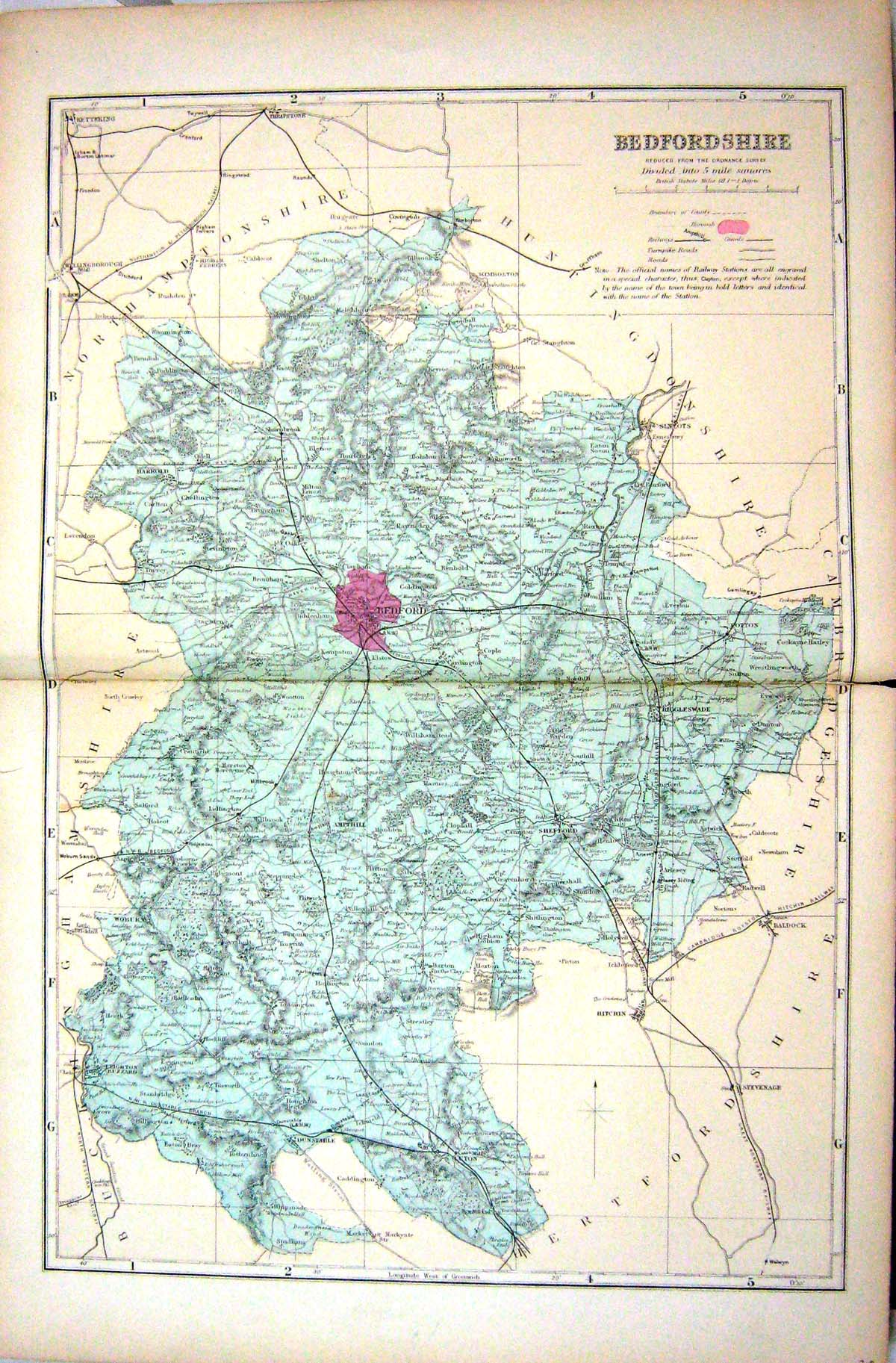Original Old Antique Print Bacon Map 1883 Bedfordshire England Bedford Shefford
