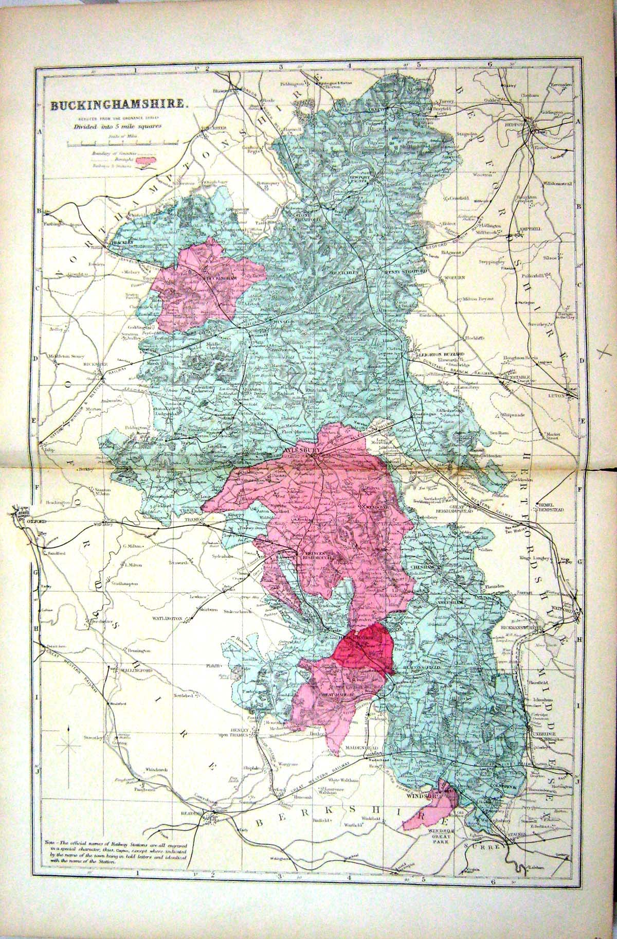Antique Old Print Bacon Map 1883 Buckingham Aylesbury England Windsor Marlow