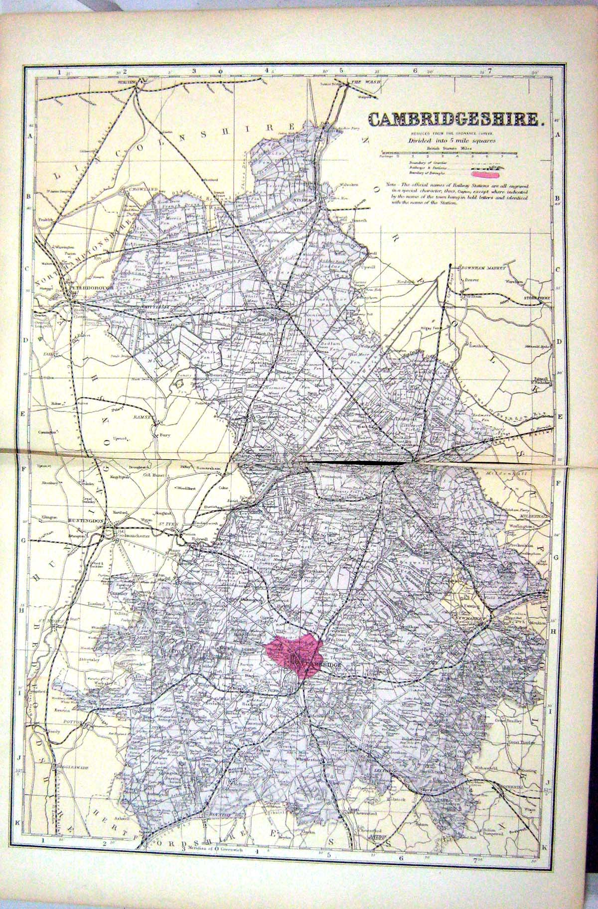 Old Antique Print Damaged Bacon Map 1883 Cambridgeshire Cambridge England 19th