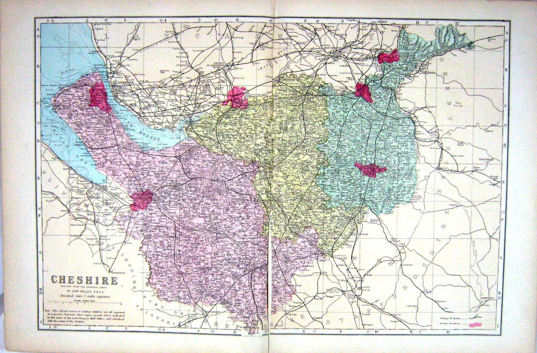 Antique Old Print Damaged Bacon Map 1883 Cheshire England Chester Warrington