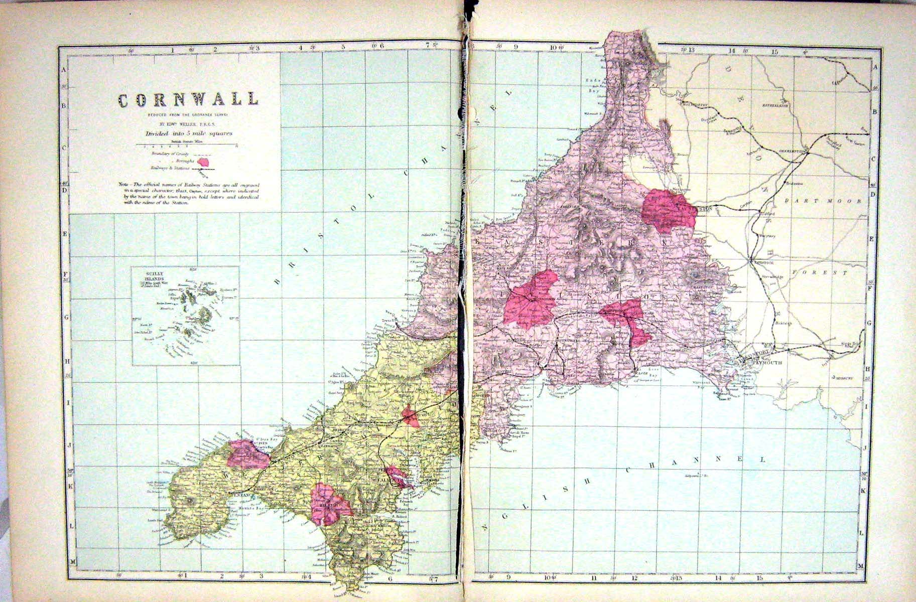 Original Old Antique Print Damaged Bacon Map 1883 Scilly Isles Cornwall England