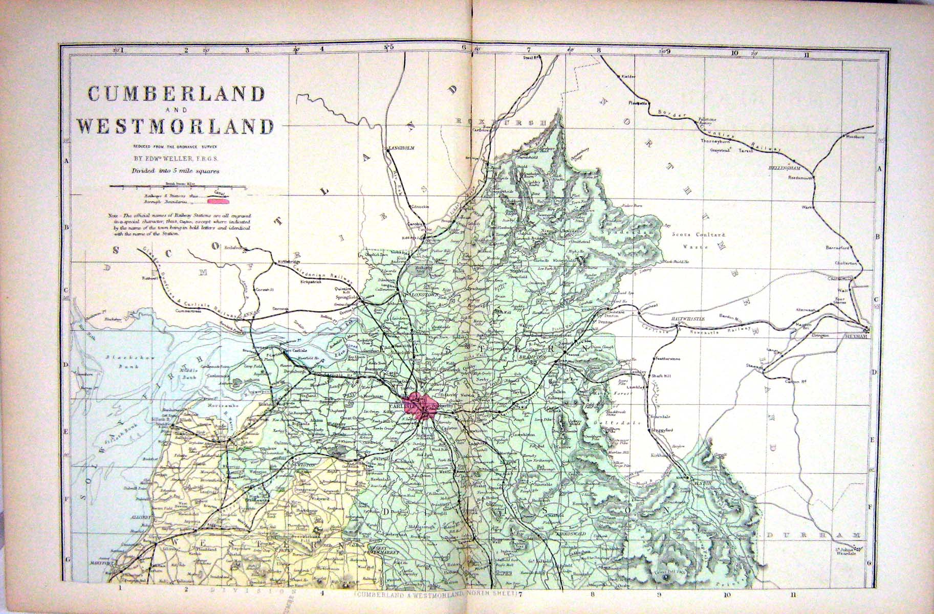 Old Antique Print Bacon Map 1883 Cumberland Westmorland Carlisle England 19th