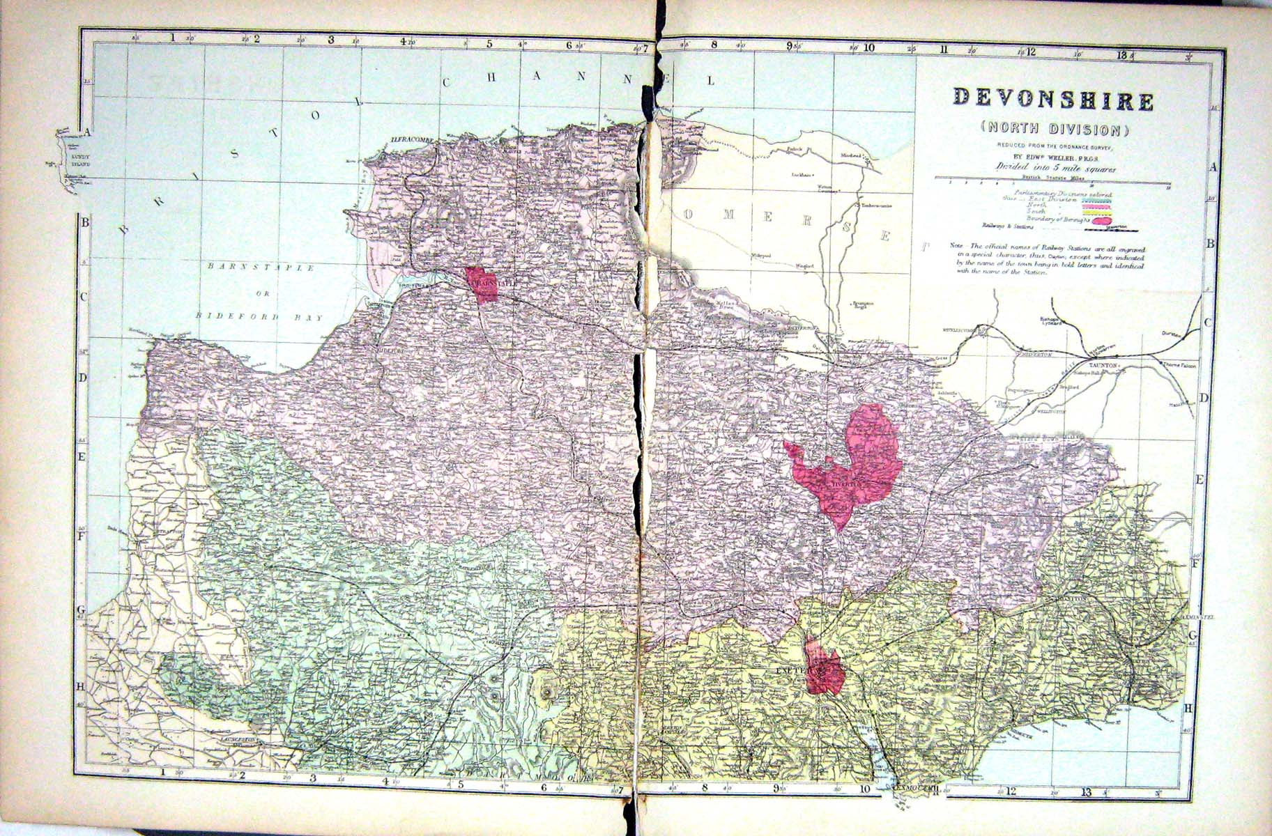 Antique Print Damaged Bacon Map 1883 Devonshire Exeter Barnstaple Tiverton 19th