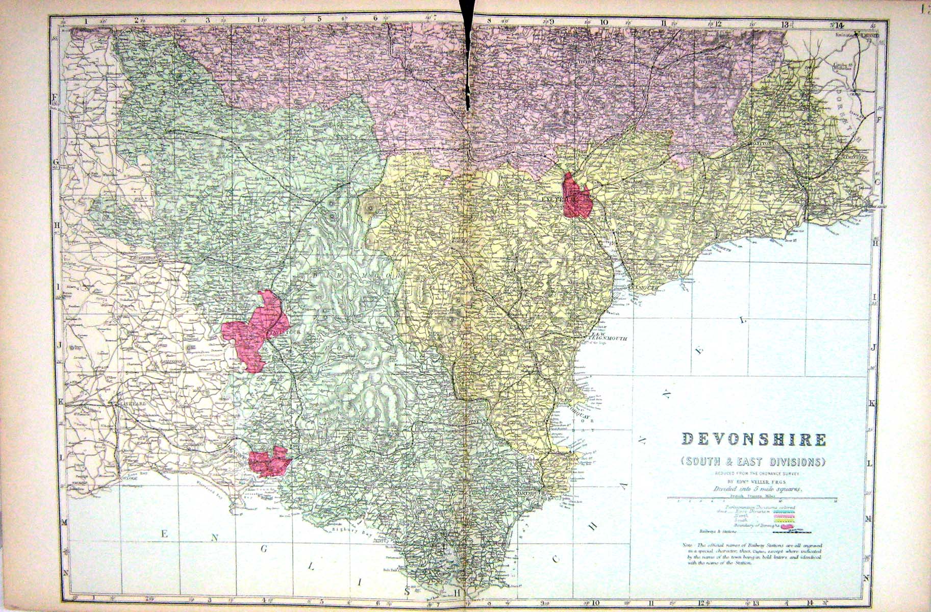 Antique Old Print Bacon Map 1883 Devonshire England Torquay Exmouth Dartmouth