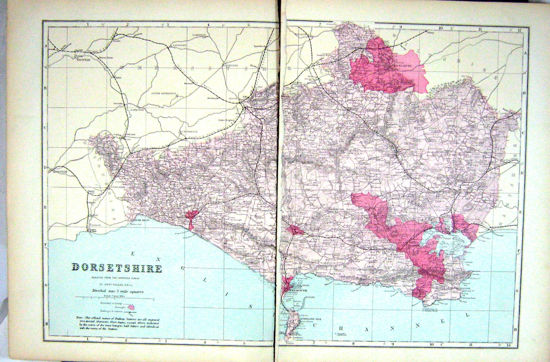 Old Damaged Bacon Map 1883 Dorsetshire England Weymouth Poole Harbour Victorian
