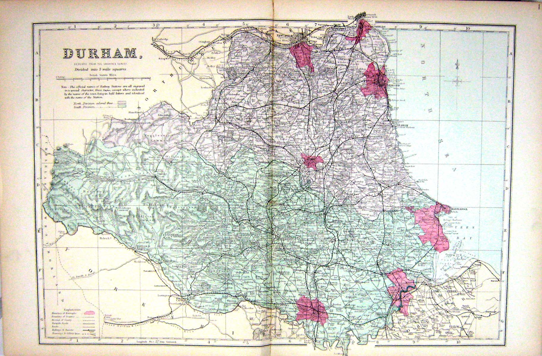Antique Old Print Bacon Map 1883 Durham England Darlington Seaham Sunderland