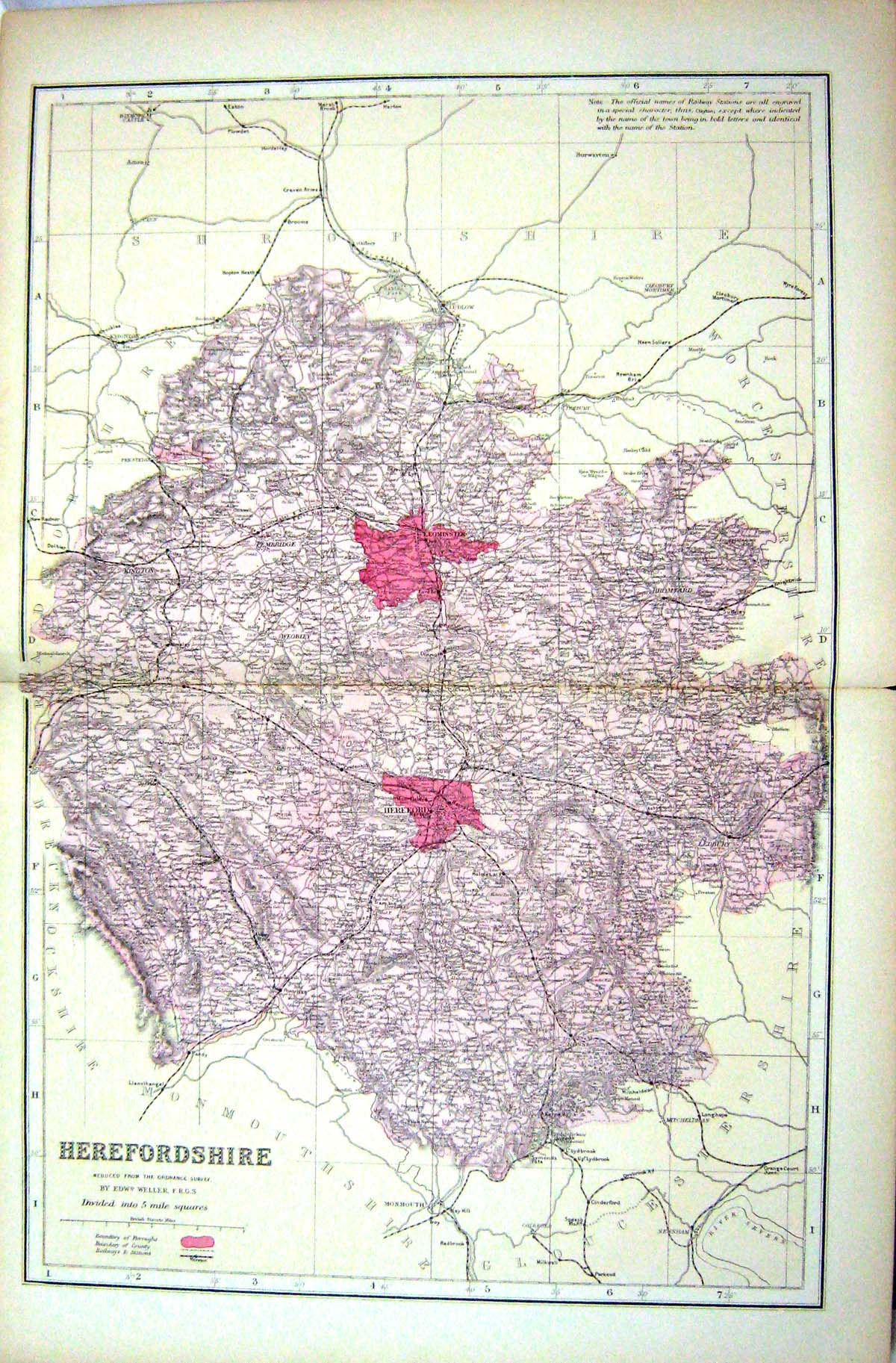 Old Bacon Map 1883 Herefordshire England Leominster Hereford Ledbury Victorian
