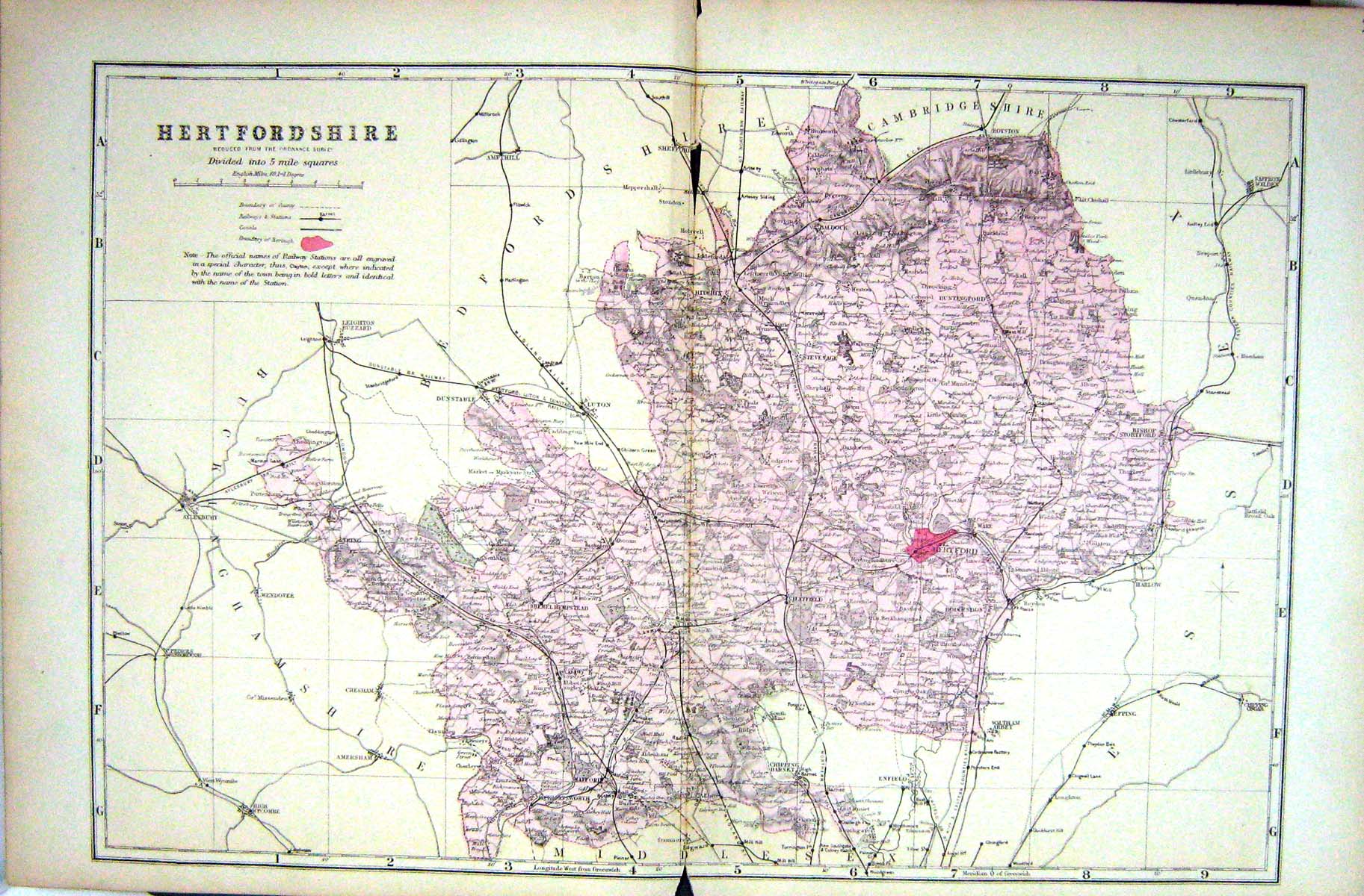 Old Print Bacon Map 1883 Hertfordshire England Hertford Bishop Stortford 19th