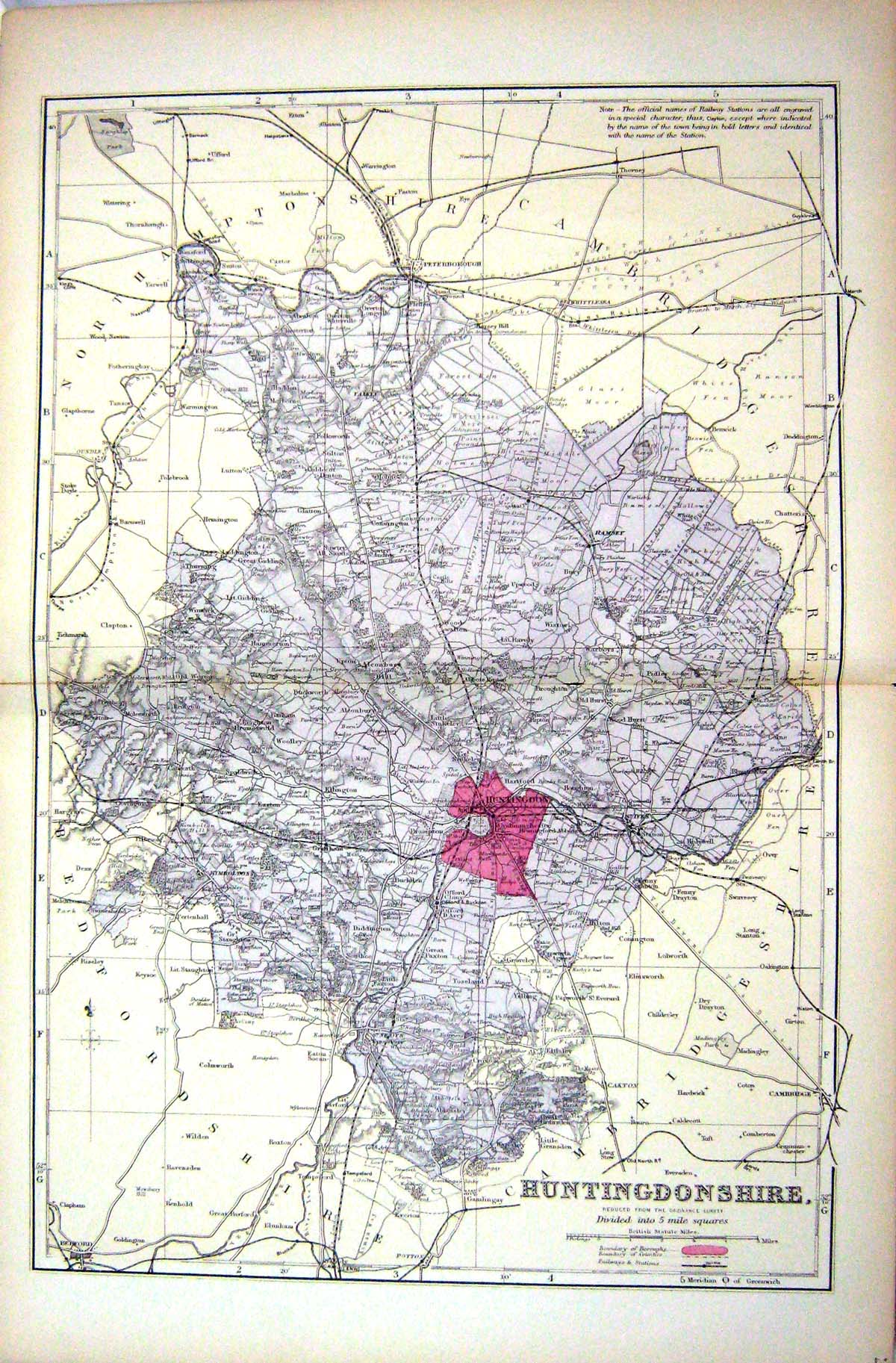 Antique Old Print Bacon Map 1883 Huntingdonshire England Huntingdon Ramsey 19th