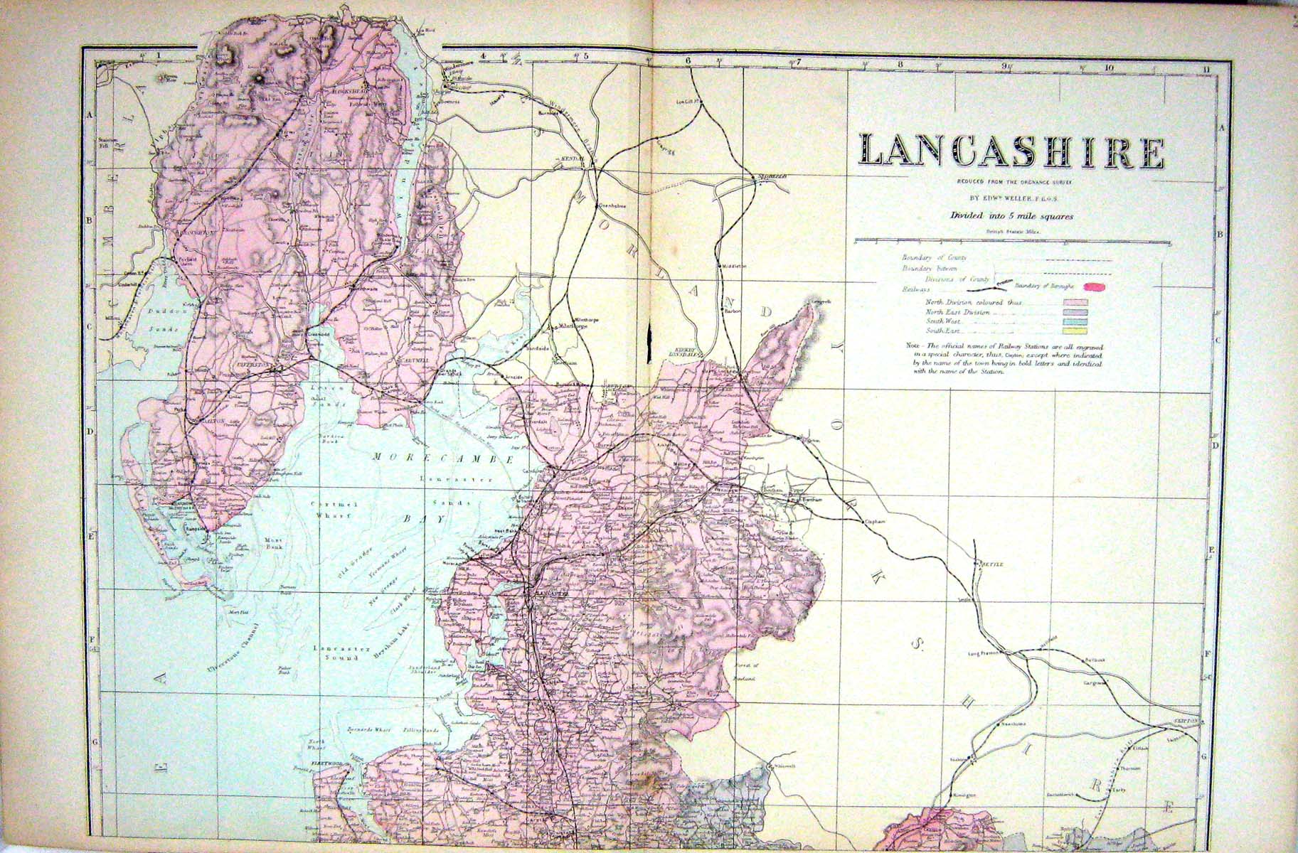 Antique Old Print Bacon Map 1883 Lancashire England Lancaster Barrow Cartmell