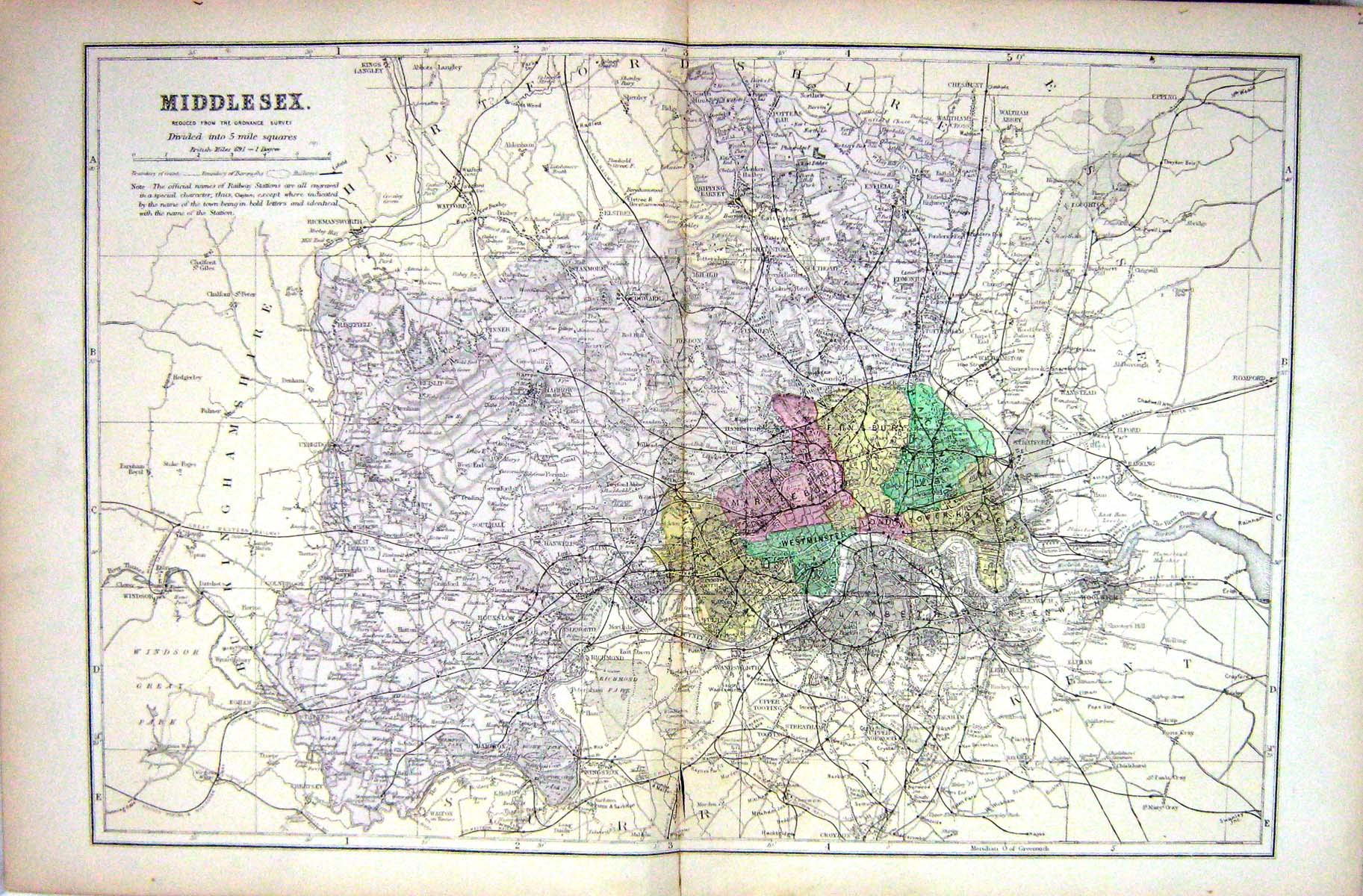 Antique Old Print Bacon Map 1883 Middlesex Westminster London Chipping Barnet