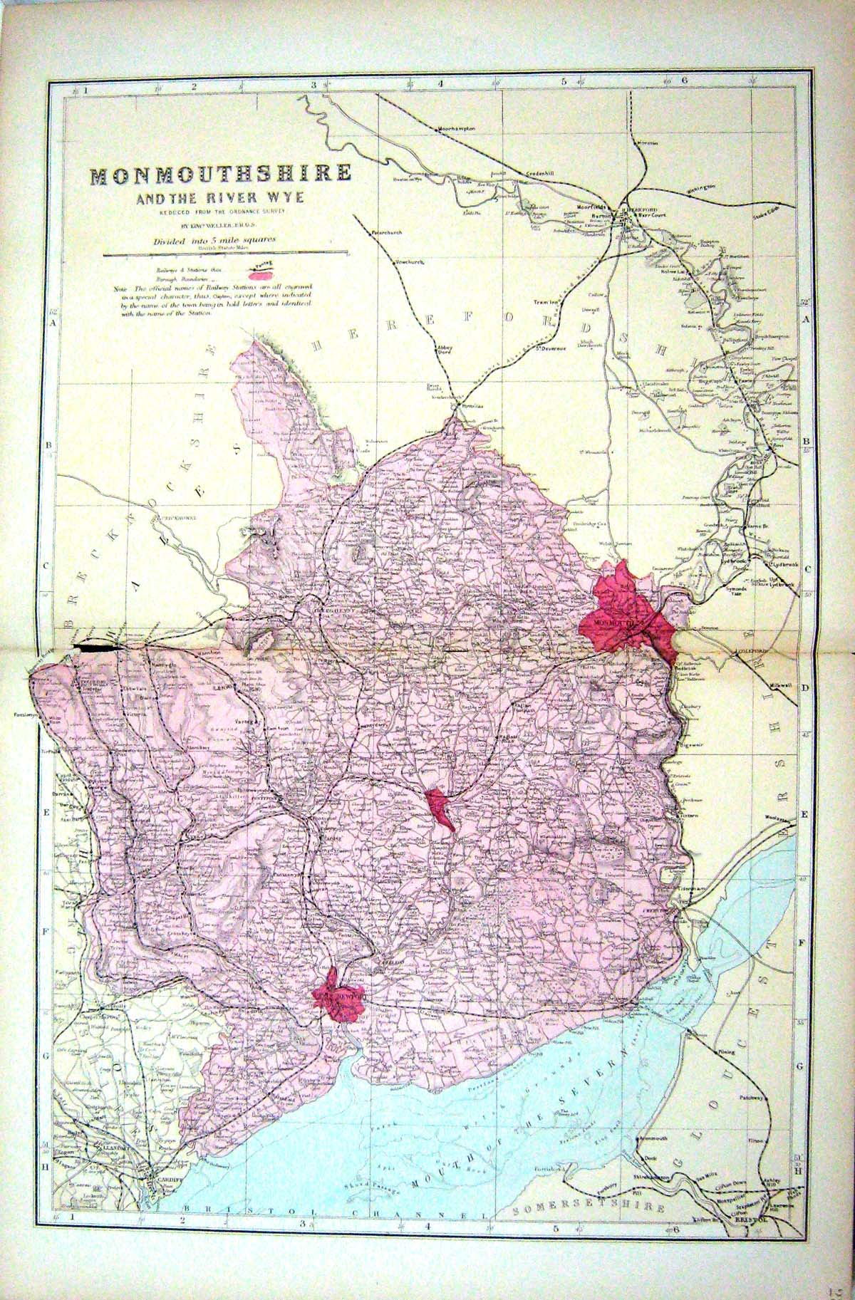 Antique Print Bacon Map 1883 Monmouthshire England Newport Monmouth Severn 19th