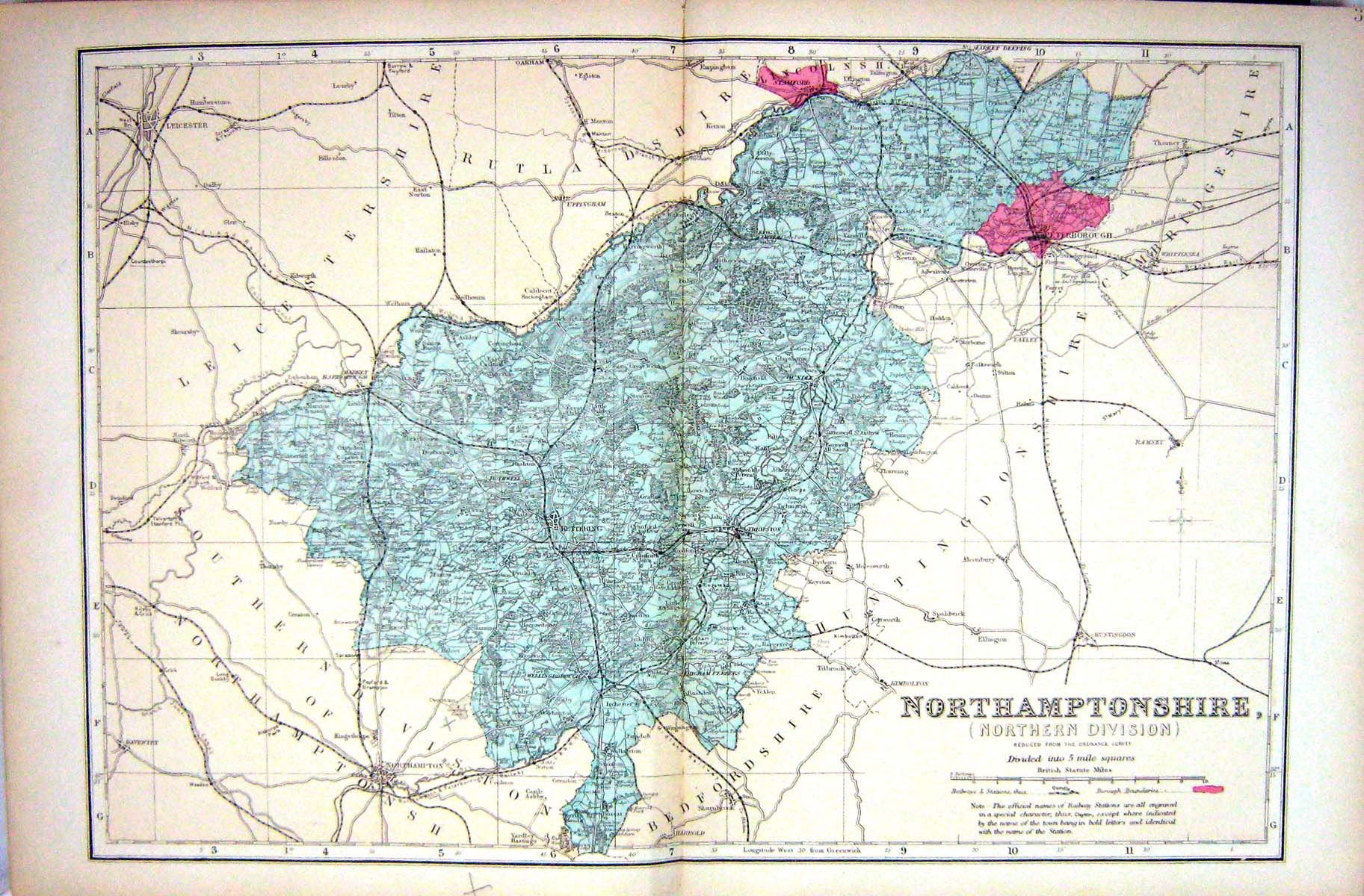 Old Print Bacon Map 1883 Northamptonshire England Peterborough Kettering 19th