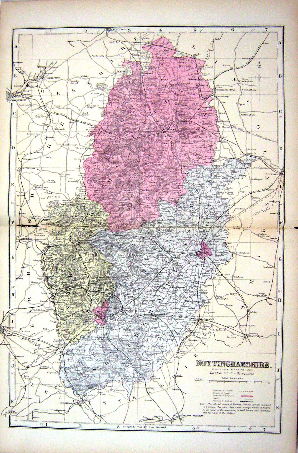 Antique Old Print Bacon Map 1883 Nottinghamshire England Nottingham Hetford