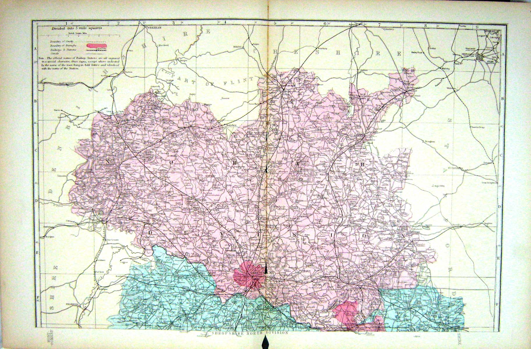 Antique Old Print Bacon Map 1883 Shropshire England Shrewsbury Market Drayton