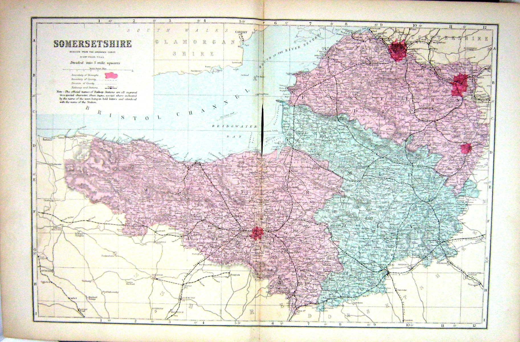 Antique Old Print Bacon Map 1883 Somersetshire England Taunton Bristol Bath