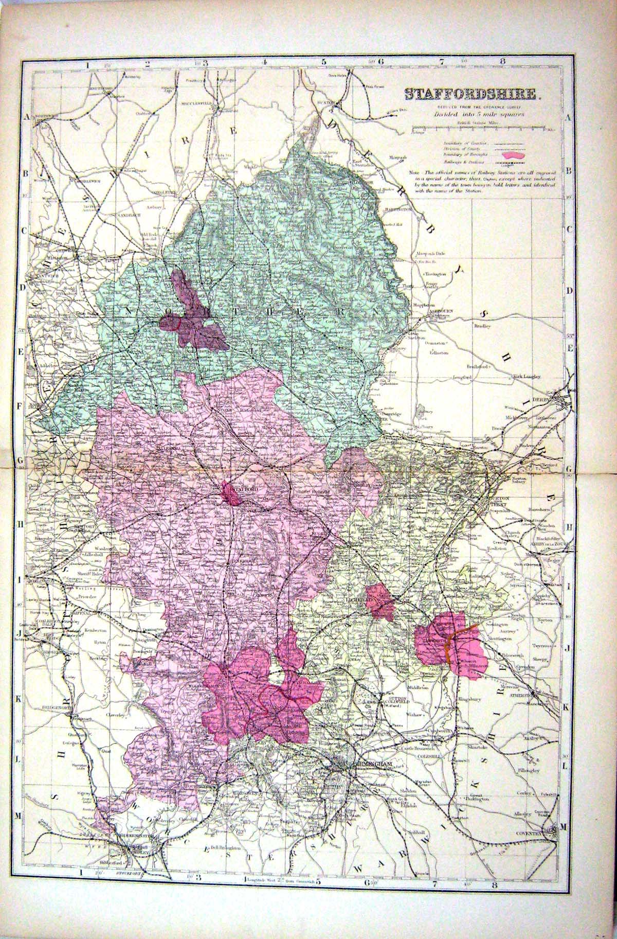 Antique Old Print Staffordshire England Wolverhampton Stafford Bacon Map 1883