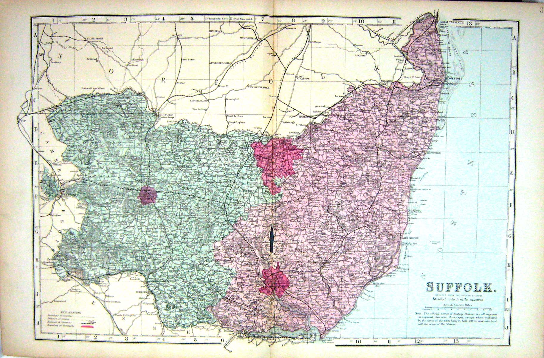 Old Antique Print Bacon Map 1883 Suffolk England Ipswich Bury St. Edmunds 19th