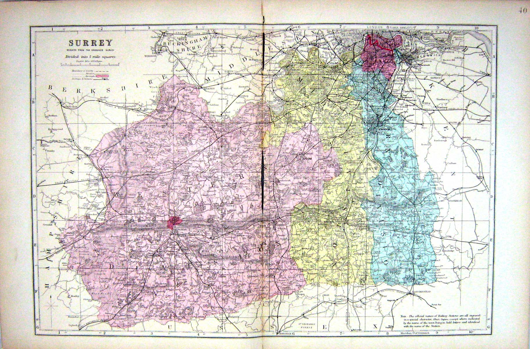 Antique Old Print Bacon Map 1883 Surrey England Guildford Croydon Southwark