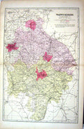 Old Print Bacon Map 1883 Warwickshire England Warwick Coventry Birmingham 19th