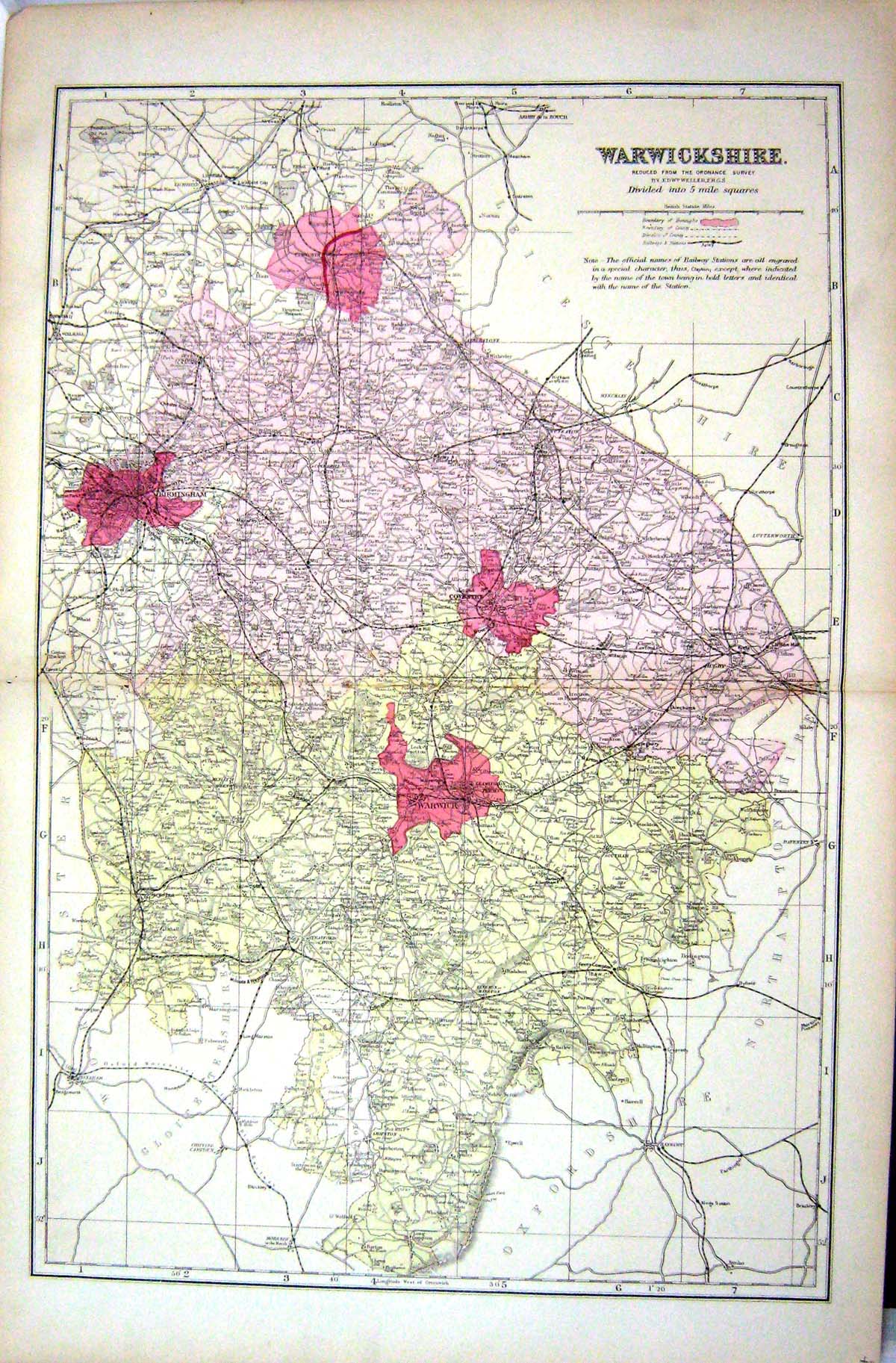 Old Print Bacon Map 1883 Warwickshire England Warwick Coventry Birmingham 19th