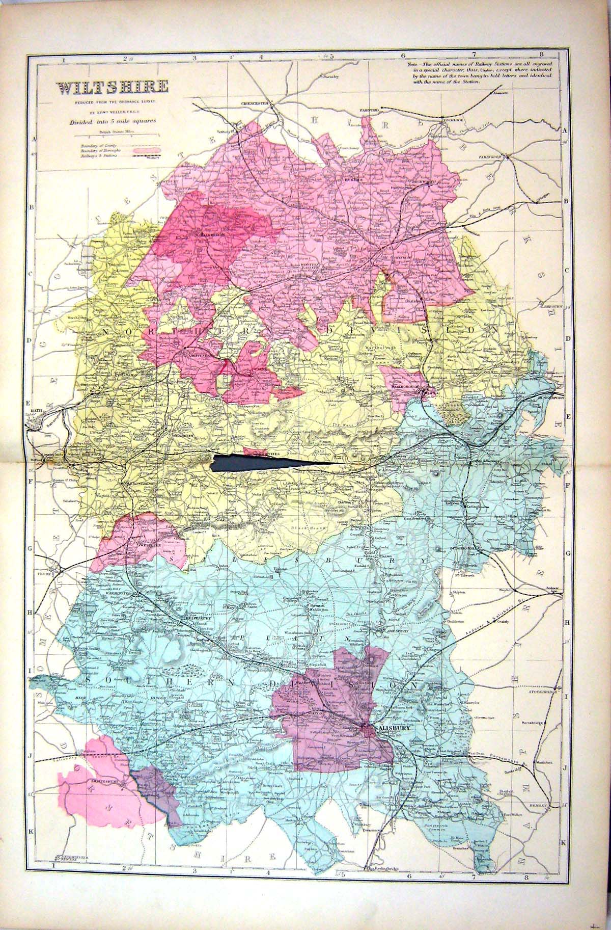 Antique Old Print Damaged Bacon Map 1883 Wiltshire England Salisbury Wootton