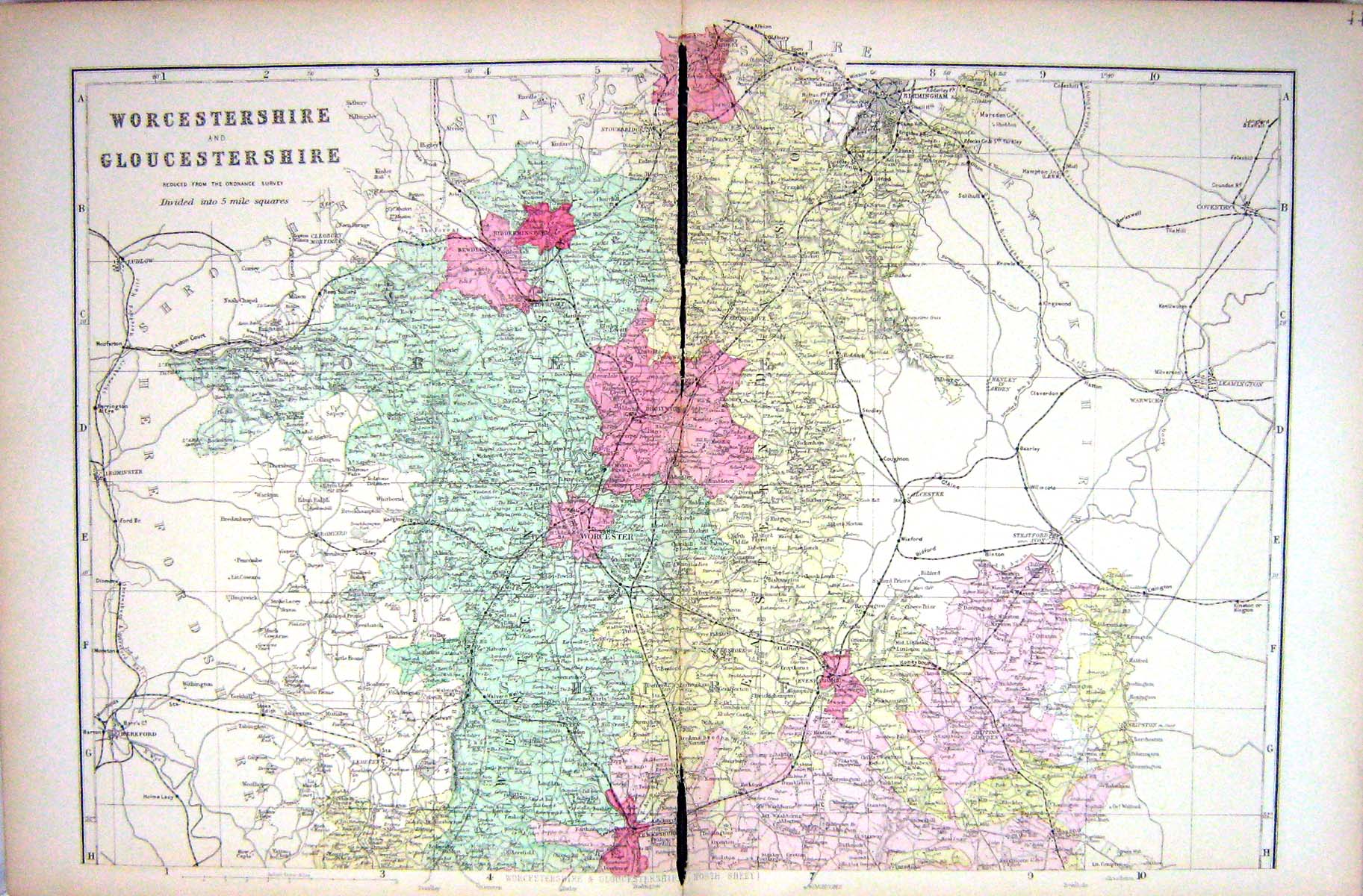 Antique Print Damaged Bacon Map 1883 Worcestershire Gloucestershire England