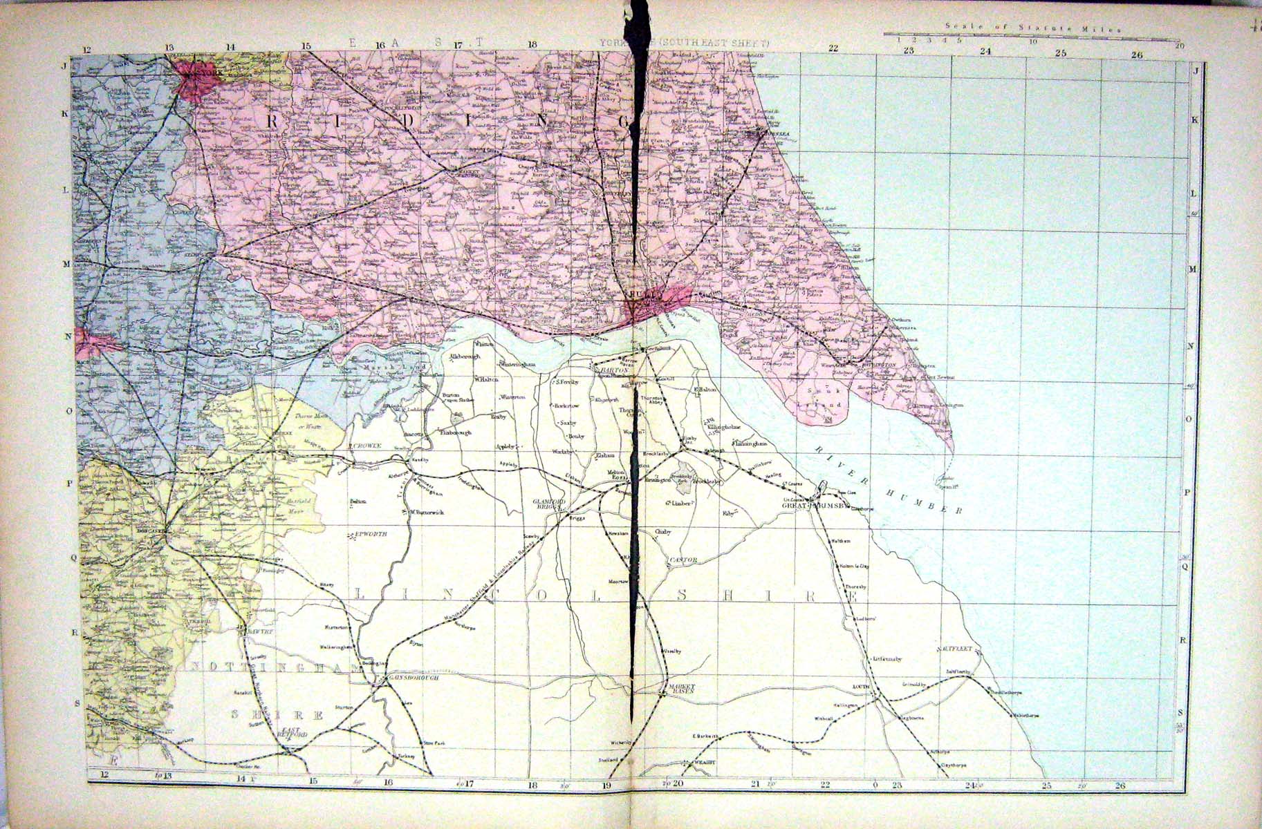 Old Antique Print Bacon Map 1883 Yorkshire England Hull River Humber York 19th
