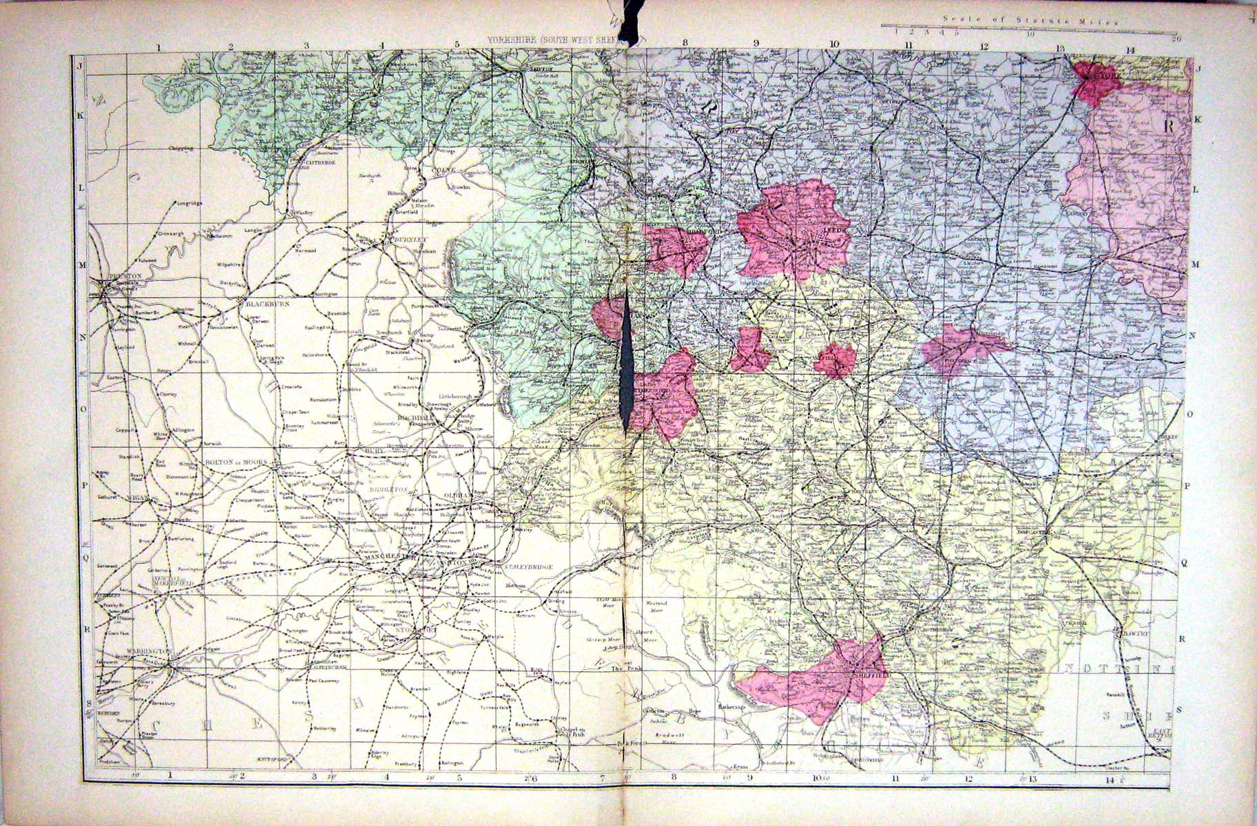 Antique Old Print Damaged Bacon Map 1883 Yorkshire Leeds England Sheffield 19th