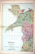 Old Antique Print Bacon Map 1883 Wales Aberystwyth Anglesea Holy Island 19th