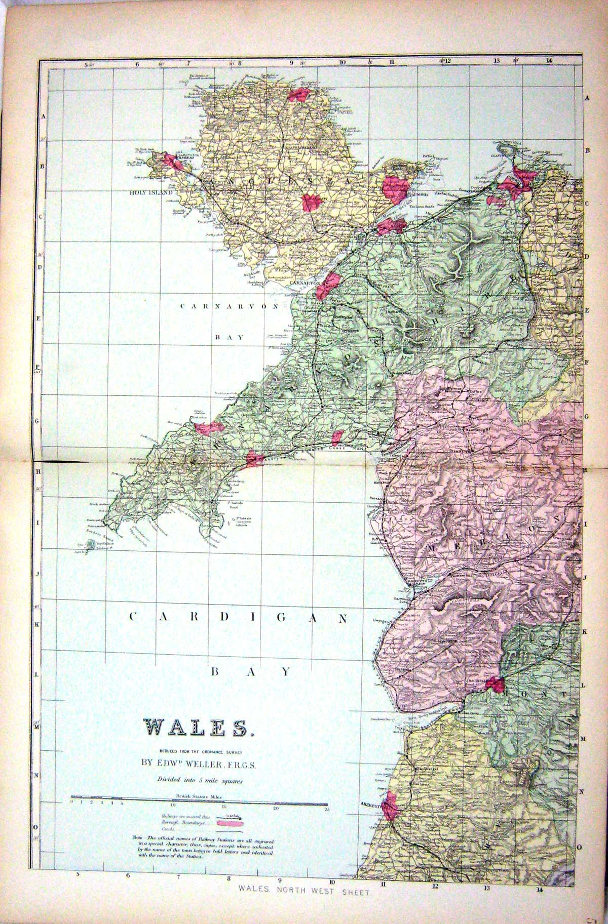 Old Antique Print Bacon Map 1883 Wales Aberystwyth Anglesea Holy Island 19th