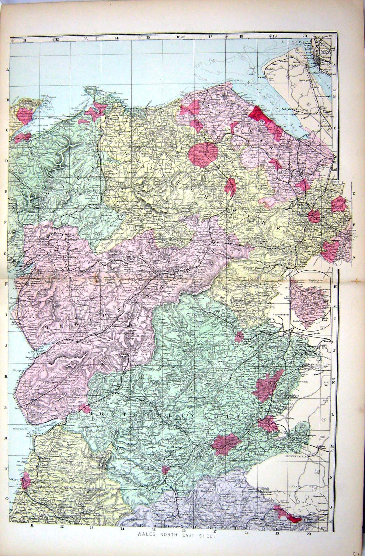 Antique Old Print Bacon Map 1883 Wales Montgomeryshire Flint Conway Wrexham