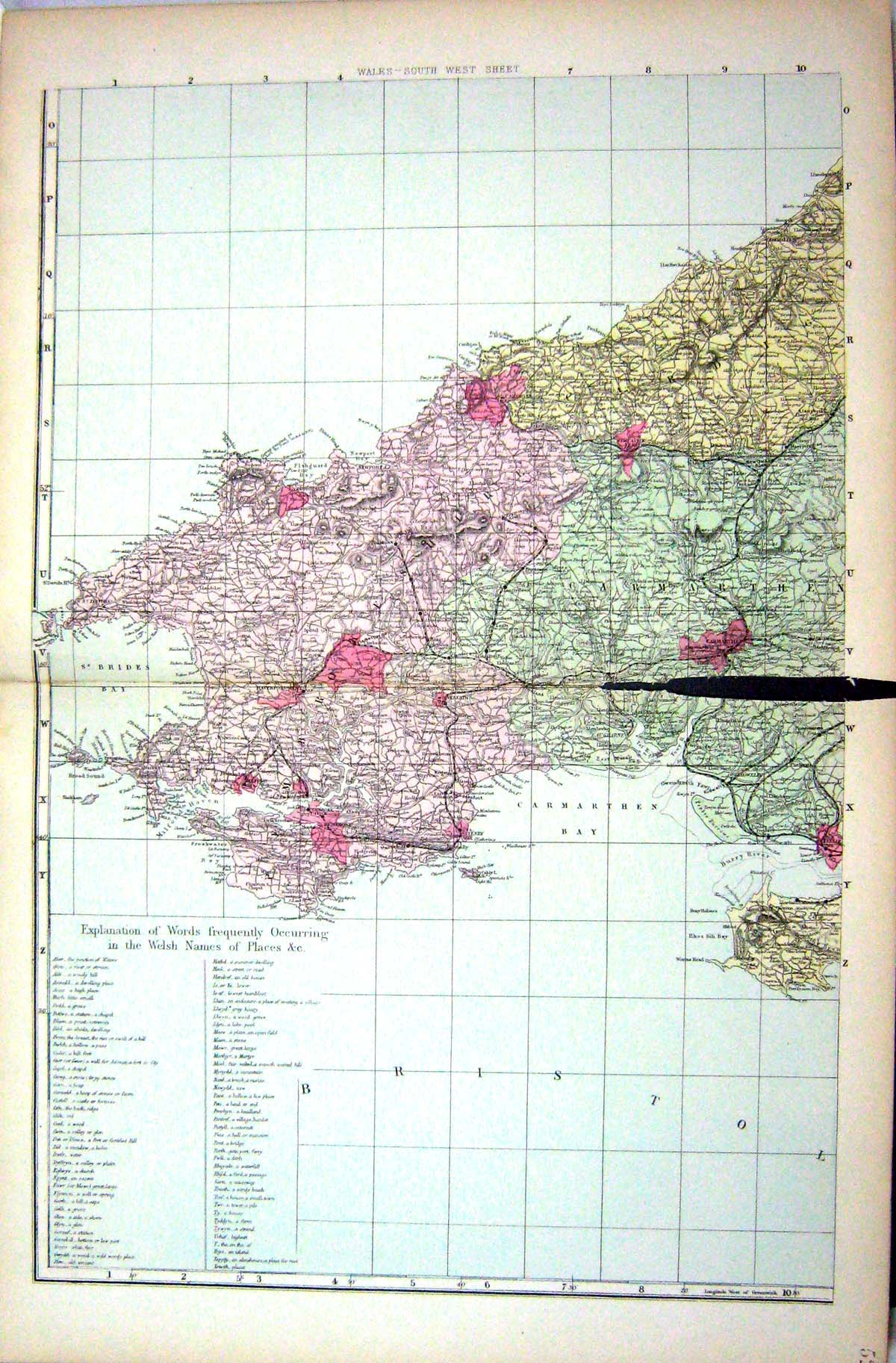 Original Old Antique Print Damaged Bacon Map 1883 Wales Brides Bay Carmarthen
